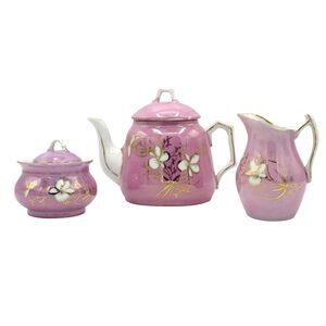 Vintage Hand Painted Children's Pink Ceramic Teapot Creamer Sugar Tea Party Set